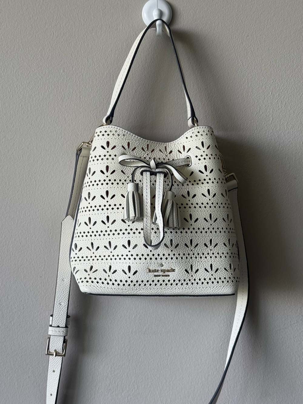 kate spade White Perforated Leather Drawstring Bucket Bag
